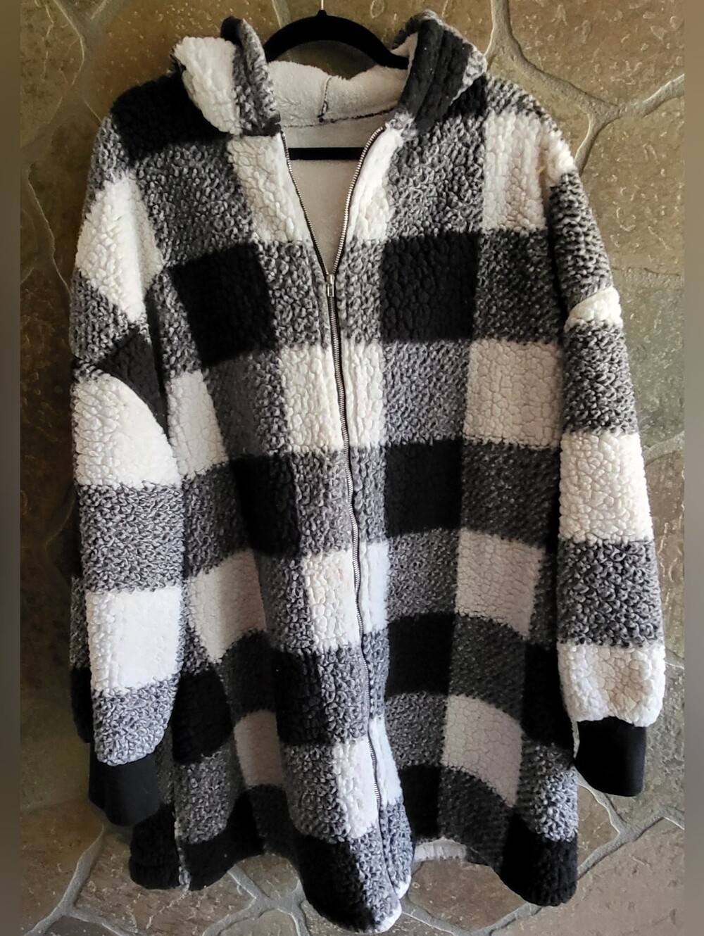 Black White Plaid Checkered Sherpa Women’s Zip Jacket Size 4XL Hood